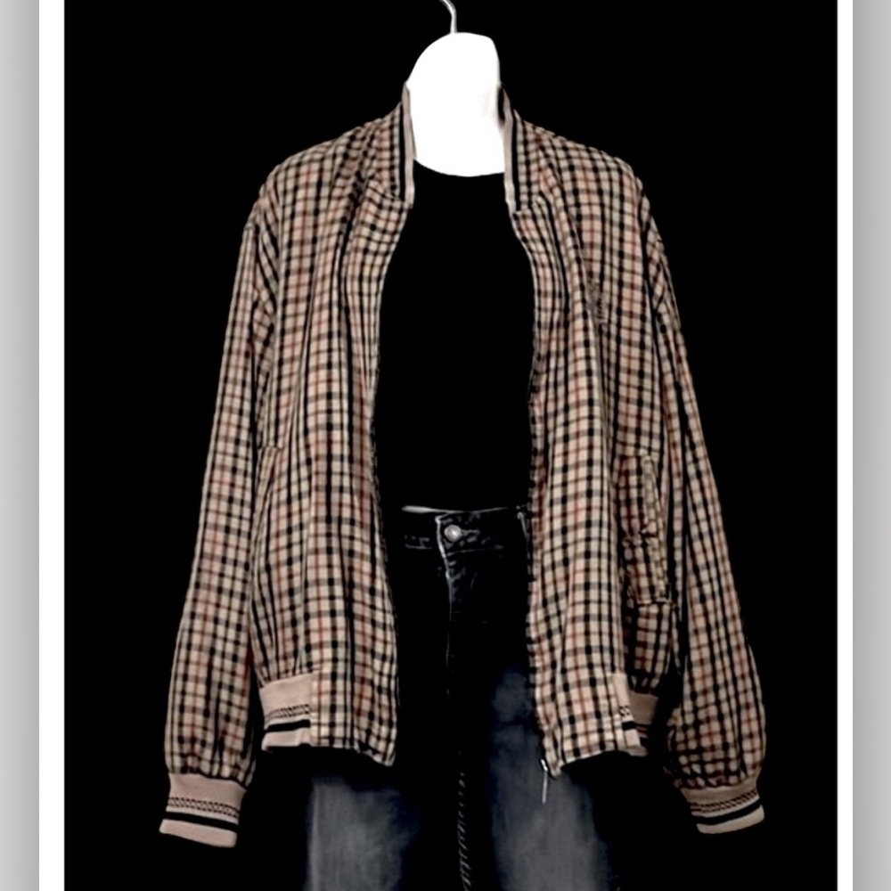 Vintage Black Tan Red Plaid Checkered Zipper Bomber Track Unisex Jacket Sz L
